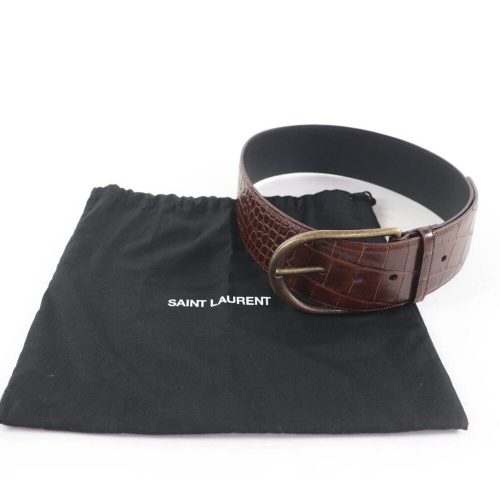 Saint Laurent Logo Croc Shape Pressed Leather Belt Brown 65 Storage - Picture 2 of 10